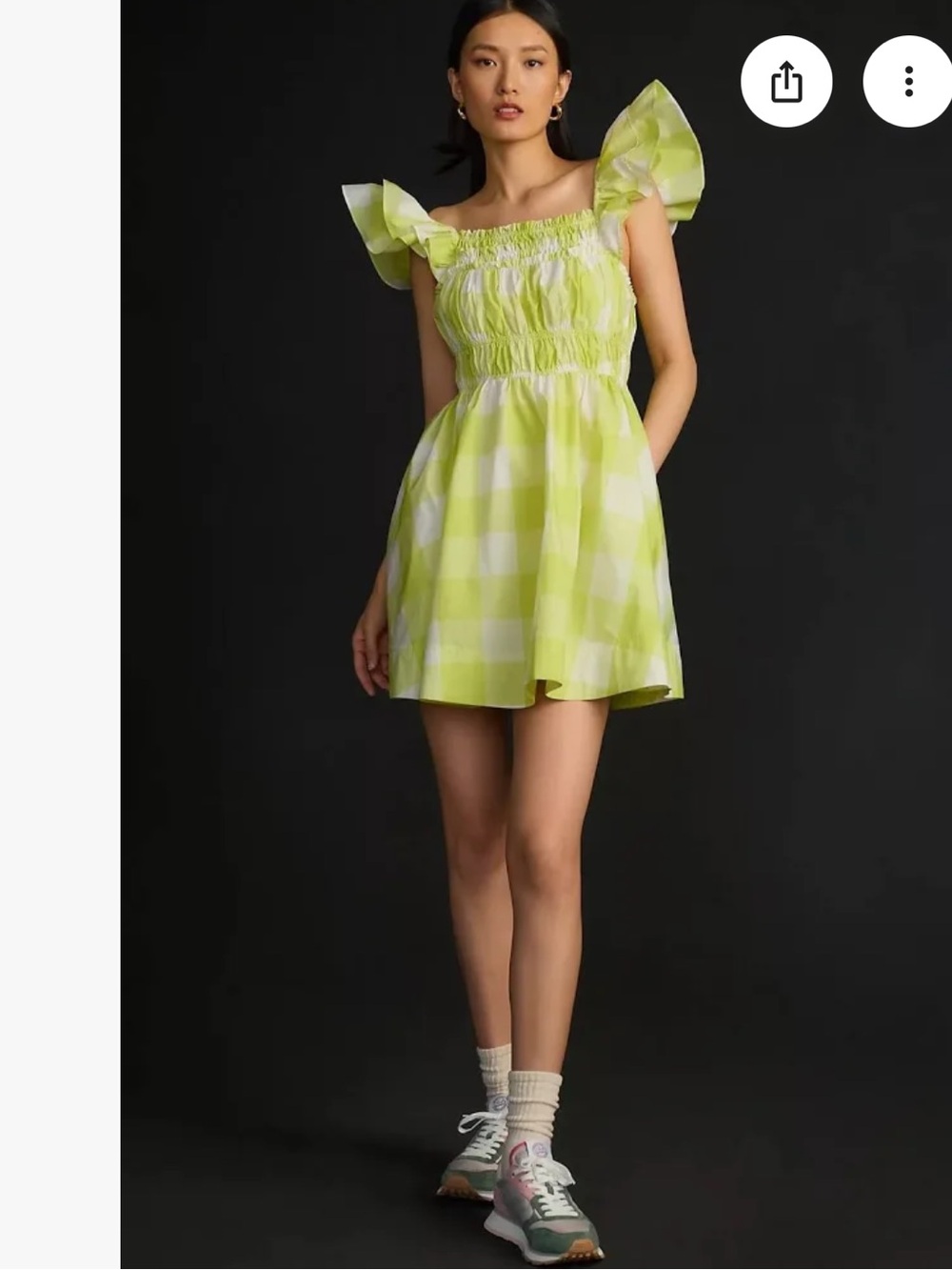 Anthropologie Chartreuse Gingham Shirred Mini Skirt